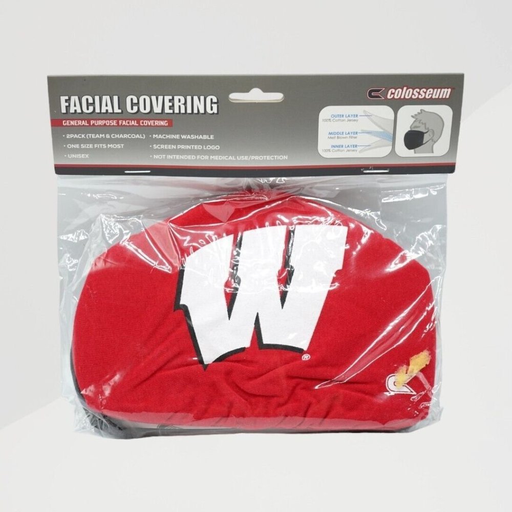 Colosseum NCAA Wisconsin Badgers Licensed Face Covering 2 Pack Gray Red Reusable
